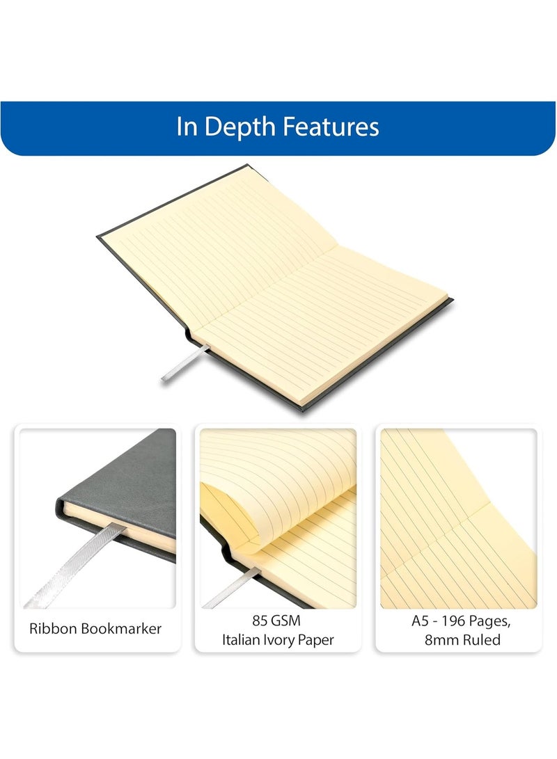 FIS Hard Cover Notebook A5 (148x210mm), Bonded Leather, 98 Sheets/196 Pages, Single Line, 85gsm Italian Ivory Paper, Glued Binding, Grey Cover - FSNBA5IVBLGY - Image 3